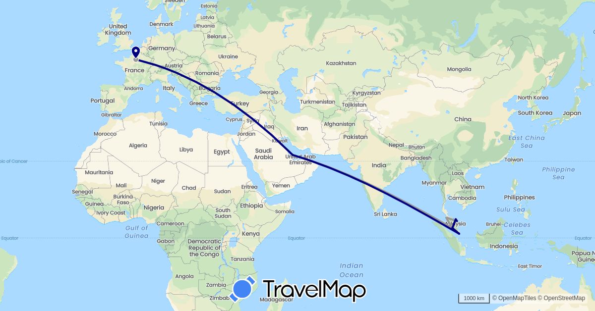 TravelMap itinerary: driving, plane in France, Malaysia, Qatar, Singapore (Asia, Europe)